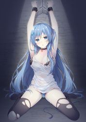Rule 34 | 1girl, armpits, arms up, artist name, bdsm, black bra, black thighhighs, blue eyes, blue hair, blue panties, bondage, bound, bound wrists, bra, bra visible through clothes, breasts, cleavage, collar, collarbone, emori miku, full body, hair between eyes, hair ornament, heart, highres, indoors, large breasts, liver city, long hair, looking at viewer, miko (royal milk), panties, parted lips, restrained, see-through, shirt, sitting, sleeveless, sleeveless shirt, solo, striped clothes, striped panties, sweat, thighhighs, torn clothes, torn shirt, torn thighhighs, underwear, very long hair, wariza, white panties