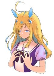 Rule 34 | 1girl, absurdres, ahoge, animal ears, blonde hair, blue eyes, bow, bowtie, bright pupils, closed mouth, cropped torso, enomori neko, flat chest, hands on own chest, highres, horse ears, looking down, neo universe (umamusume), purple shirt, sailor collar, school uniform, shirt, short sleeves, simple background, solo, tracen school uniform, umamusume, upper body, white background, white pupils