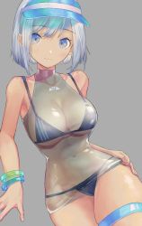 Rule 34 | 1girl, bikini, black bikini, blue eyes, blue hat, blush, breasts, cleavage, closed mouth, covered navel, fujie-yz, grey background, hair between eyes, hand on own hip, hat, highres, large breasts, looking at viewer, original, short hair, silver hair, simple background, solo, star (symbol), swimsuit, thigh strap, visor cap
