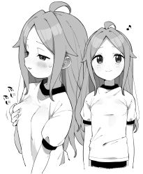 Rule 34 | 1girl, ahoge, blush, closed mouth, female masturbation, fingernails, grabbing, grabbing another&#039;s breast, grabbing own breast, greyscale, half-closed eyes, hand on own chest, hatching (texture), long hair, masturbation, monochrome, moyori, multiple views, musical note, original, parted lips, simple background, smile, sweat, white background