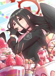 Rule 34 | 1girl, birthday, black choker, black gloves, black hair, black serafuku, black wings, blue archive, blush, breasts, cake, choker, closed mouth, crop top, crop top overhang, dessert, dutch angle, feathered wings, food, garter belt, garter straps, gloves, halo, happy birthday, hasumi (blue archive), highres, huge breasts, long hair, long sleeves, looking at viewer, low wings, mole, mole under eye, neckerchief, parfait, pudding, red eyes, sailor collar, school uniform, serafuku, shirt, skirt, solo, strawberry parfait, strawberry shortcake, tears, thighhighs, upper body, very long hair, wings, zyugoya