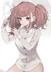 Rule 34 | 1girl, adjusting hair, atlanta (kancolle), blush, brown hair, buttons, closed mouth, collared shirt, comb, cowboy shot, grey eyes, holding, holding comb, kantai collection, long hair, long sleeves, one-hour drawing challenge, shirt, simple background, solo, two side up, white background, white shirt, yamashichi (mtseven)