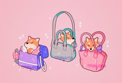 Rule 34 | animal, animal focus, artist name, bad id, bad twitter id, bag, dog, flower, green bag, heart, highres, in bag, in container, meyoco, no humans, original, pink background, pink bag, pink flower, purple bag, shiba inu, simple background, sparkle