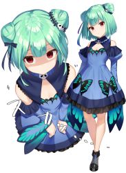 Rule 34 | 1girl, blue bow, blue dress, blue sleeves, bow, closed mouth, detached sleeves, double bun, dress, green hair, hair bow, hair bun, hair ornament, head tilt, highres, hololive, juliet sleeves, k mugura, long sleeves, looking at viewer, multiple views, puffy sleeves, red eyes, shaded face, simple background, skull hair ornament, sleeveless, sleeveless dress, standing, uruha rushia, uruha rushia (1st costume), virtual youtuber, white background, wide sleeves