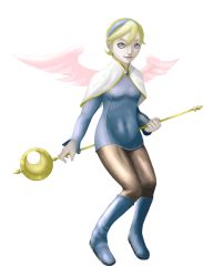 Rule 34 | 1girl, angel wings, artist request, blonde hair, blue footwear, boots, breasts, breath of fire, breath of fire iv, dress, hairband, jewelry, knee boots, nina (breath of fire iv), pantyhose, parody, shin megami tensei, short hair, skirt, solo, staff, style parody, white background, white wings, wings
