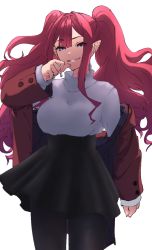 Rule 34 | 1girl, alternate hairstyle, backlighting, black pantyhose, black skirt, breasts, contemporary, baobhan sith (fate), fate/grand order, fate (series), grey eyes, grin, jacket, large breasts, long hair, long sleeves, looking at viewer, niwaikanai, off shoulder, open clothes, open jacket, pantyhose, pink hair, pointy ears, red jacket, sidelocks, skirt, smile, solo, sweater, thighs, turtleneck, turtleneck sweater, twintails, white sweater