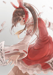 Rule 34 | 1girl, ascot, bare legs, bare shoulders, between fingers, bow, collar, detached sleeves, dress, frilled collar, frilled dress, frilled shirt collar, frills, from side, grey background, hair bow, hair tubes, hakurei reimu, holding, long hair, long sleeves, looking at viewer, looking to the side, ofuda, opanchu (pixiv259683), ponytail, profile, red bow, red dress, red ribbon, ribbon, sidelocks, simple background, solo, standing, text focus, touhou, wide sleeves