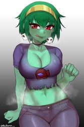 Rule 34 | 1girl, abigbrother, absurdres, among us, arm support, breasts, colored skin, denim, green hair, green skin, highres, jeans, large breasts, legs, lipstick, looking at viewer, makeup, midriff, navel, pants, rottytops, shantae (series), shirt, short hair, sitting, smile, solo, sweat, thighs, toned, tongue, tongue out