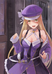 Rule 34 | 1girl, akino komichi, bare shoulders, blonde hair, blush, breasts, cleavage, diola (granblue fantasy), dress, granblue fantasy, halterneck, hat, highres, large breasts, long hair, long sleeves, looking at viewer, open mouth, purple dress, purple hat, smile, solo, yellow eyes