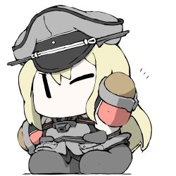 Rule 34 | 1girl, bismarck (kancolle), blonde hair, boots, brown gloves, chibi, detached sleeves, gloves, grey footwear, hand up, hat, kantai collection, long hair, long sleeves, military, military uniform, no mouth, one eye closed, peaked cap, simple background, solo, task (s task80), uniform, waving, white background