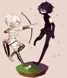 Rule 34 | 2boys, 2girls, albino, androgynous, arrow (projectile), bad id, bad pixiv id, black hair, black legwear, bow, bow (weapon), enderman, faux figurine, minecraft, multiple boys, multiple girls, pants, personification, purple eyes, quiver, red eyes, rooseputo 02, sepia background, shirt, short hair, shorts, skeleton (minecraft), smile, sparkle, thighhighs, weapon, white hair