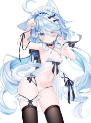 Rule 34 | 1girl, ahoge, alternate costume, animal ears, arm up, armpits, babydoll, bare shoulders, black choker, black ribbon, blue eyes, blue hair, breasts, brown thighhighs, cat ears, cat girl, cat tail, choker, contrapposto, cowboy shot, criss-cross halter, drop-shaped pupils, duplicate, frills, furina (genshin impact), genshin impact, hair intakes, hair ribbon, halterneck, hand up, heterochromia, highres, kemonomimi mode, lingerie, long hair, looking at viewer, low twintails, maid headdress, mismatched pupils, multi-strapped panties, multicolored hair, navel, panties, parted lips, paw pose, purple eyes, ribbon, see-through, shouu-kun, side-tie panties, simple background, skindentation, small breasts, solo, spaghetti strap, standing, stomach, streaked hair, string panties, symbol-shaped pupils, tail, tail ornament, tail ribbon, thighhighs, thighs, twintails, underwear, very long hair, white babydoll, white background, white hair, white panties, wrist cuffs