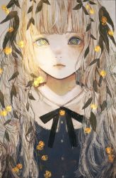 Rule 34 | 1girl, black ribbon, blue eyes, blunt bangs, flower, grey background, hair ornament, highres, leaf hair ornament, light brown hair, long hair, orie h, original, portrait, ribbon, serious, simple background, solo, upper body, yellow pupils