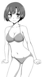 Rule 34 | 10s, 1girl, ano natsu de matteru, arms at sides, bikini, blush, bob cut, breasts, cleavage, clenched hands, greyscale, medium breasts, monochrome, navel, short hair, simple background, solo, swimsuit, tanigawa kanna, unagimaru, wavy mouth, white background, wrists extended