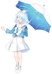 Rule 34 | 1girl, absurdres, arona (blue archive), blue archive, blue eyes, blue hair, blue halo, blue shirt, choker, colored inner hair, eyes visible through hair, full body, hair over one eye, halo, highres, holding, holding umbrella, long sleeves, multicolored hair, open mouth, pink hair, pleated skirt, sailor collar, shirt, shoes, short hair, skirt, smile, solo, transparent background, umbrella, upper body, white choker, white footwear, white sailor collar, white skirt, wjddn