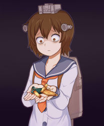 Rule 34 | 10s, 1girl, :/, backpack, bag, bags under eyes, black background, broken, brown eyes, brown hair, closed mouth, cupping hands, dress, hair between eyes, hairband, head tilt, highres, holding, jacy, kantai collection, machinery, matching hair/eyes, neckerchief, orange neckerchief, outline, own hands together, sailor dress, shaded face, solo, yukikaze (kancolle)