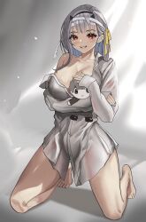 Rule 34 | 1girl, bandaged head, bandages, blush, breasts, character doll, cleavage, commander (nikke), doll, goddess of victory: nikke, grey hair, grin, hair ribbon, highres, holding, holding doll, kneeling, large breasts, long hair, looking at viewer, modernia (first affection) (nikke), modernia (nikke), off-shoulder shirt, off shoulder, official alternate costume, red eyes, ribbon, rokuba, shirt, sidelocks, smile, solo, tiptoes, white shirt, yellow ribbon