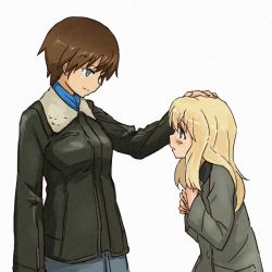 Rule 34 | 2girls, aqua eyes, blonde hair, blush, bomber jacket, brown hair, buttons, coat, grey eyes, hand on another&#039;s head, hand on own chest, jacket, long hair, long sleeves, looking at another, military, military uniform, multiple girls, open mouth, ottilie kittel, shibasaki shouji, short hair, strike witches, tan, uniform, waltraud nowotny, white background, world witches series