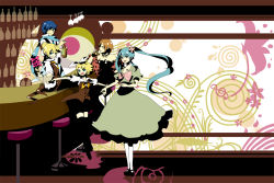 Rule 34 | 2boys, 3girls, bar (place), bartender, beads, bird, blonde hair, blue eyes, blue hair, blue scarf, bottle, bow, dress, flower, full body, hair ribbon, hashimochi, hatsune miku, kagamine len, kagamine rin, kaito (vocaloid), long hair, looking at viewer, mary janes, meiko (vocaloid), multiple boys, multiple girls, outstretched arms, pigeon, puffy sleeves, red hair, ribbon, scarf, shawl, shirt, shoes, short hair, short sleeves, siblings, sitting, smile, spread arms, standing, strapless, strapless dress, thighhighs, twins, very long hair, vest, vocaloid, white legwear, zettai ryouiki