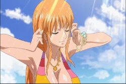 Rule 34 | animated, animated gif, bikini, breasts, closed eyes, huge breasts, long hair, lowres, nami (one piece), one piece, one piece film: z, smile, stretching, swimsuit