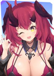 Rule 34 | 1girl, ;d, ahoge, bare shoulders, black jacket, blush, bra, breasts, cleavage, curled horns, demon horns, detached collar, fang, hair between eyes, highres, holding, horns, huge breasts, jacket, jampen, jewelry, long hair, looking at viewer, magrona, magrona channel, nail polish, necklace, off shoulder, one eye closed, open mouth, purple bra, red hair, red nails, skull necklace, smile, solo, underwear, very long hair, virtual youtuber, yellow eyes