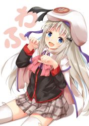 Rule 34 | 1girl, :d, bat hair ornament, beret, black shirt, blue eyes, blush, bow, brown skirt, cape, commentary request, dress shirt, fang, grey hair, hair ornament, hands up, hat, highres, little busters!, long hair, long sleeves, looking at viewer, minazuki mizu, noumi kudryavka, open mouth, pink bow, plaid, plaid skirt, pleated skirt, shadow, shirt, sitting, skirt, smile, solo, text background, thighhighs, translation request, very long hair, white background, white cape, white hat, white thighhighs