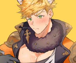 Rule 34 | 1boy, animal ears, animal hands, bara, black tank top, blonde hair, blush, closed mouth, fur collar, gloves, granblue fantasy, green eyes, halloween costume, hao (haozz), jacket, large pectorals, looking at viewer, male focus, muscular, muscular male, official alternate costume, orange jacket, paw gloves, pectorals, shirt, short hair, simple background, solo, tank top, three quarter view, torn clothes, torn shirt, vane (granblue fantasy), vane (halloween) (granblue fantasy), white shirt, wolf boy, wolf ears, wolf paws, yellow background
