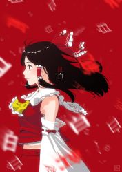 Rule 34 | 1girl, arms at sides, ascot, black hair, blouse, bow, breasts, detached sleeves, expressionless, eyelashes, frilled bow, frilled shirt collar, frills, from side, hair bow, hair tubes, hakurei reimu, kanji, kitano (kitanosnowwhite), layered clothes, medium breasts, midriff, profile, red background, red eyes, red shirt, red skirt, red theme, ribbon-trimmed sleeves, ribbon trim, shirt, signature, skirt, sleeveless, sleeveless shirt, solo, touhou, translation request, upper body, wide sleeves, wind, yellow ascot