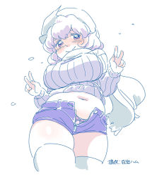 Rule 34 | 1girl, alternate costume, artist name, blush, breasts, bursting belly, double v, female focus, large breasts, letty whiterock, light purple hair, looking at viewer, midriff, mitsumoto jouji, navel, panties, pink panties, plump, red eyes, ribbed sweater, scarf, short hair, short shorts, shorts, simple background, sketch, smile, solo, sweater, thighhighs, touhou, undersized clothes, underwear, unzipped, v, white background, white hair, white scarf, white thighhighs