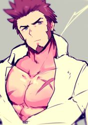 Rule 34 | 1boy, abs, beard, blue eyes, blush, brown hair, bursting pectorals, closed mouth, commentary request, facial hair, fate/grand order, fate (series), gekiyasu 0621, head tilt, highres, long sideburns, looking at viewer, pectoral cleavage, male focus, muscular, napoleon bonaparte (fate), open clothes, open shirt, pectorals, scar, shirt, sideburns, simple background, solo, white shirt