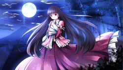 Rule 34 | 1girl, bad id, bad pixiv id, bamboo, bamboo forest, black hair, cloud, forest, full moon, highres, hime cut, houraisan kaguya, long sleeves, moon, moonlight, mountain, nature, outdoors, pink eyes, risutaru, shirt, skirt, sky, solo, star (sky), starry sky, touhou, wide sleeves