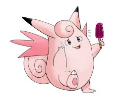 Rule 34 | clefable, creatures (company), drawfag, fairy wings, flying sweatdrops, food, full body, game freak, gen 1 pokemon, holding, holding food, hot, leg up, nintendo, no humans, open mouth, pink hair, pokemon, pokemon (creature), popsicle, simple background, smile, solo, sweat, tail, white background, wings