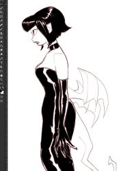 Rule 34 | 1girl, art program in frame, bare shoulders, bat wings, bob cut, choker, commentary, demon girl, demon tail, dress, elbow gloves, from side, gloves, hisser, looking to the side, low wings, monochrome, open mouth, original, pointy ears, profile, short hair, simple background, sleeveless, sleeveless dress, solo, standing, symbol-only commentary, tail, wings