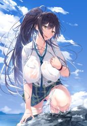 Rule 34 | 1girl, beach, black hair, blue sky, blush, breasts, cleft of venus, covered erect nipples, gluteal fold, green necktie, green skirt, hair between eyes, high ponytail, highres, homu (seven deadly sins), idolmaster, idolmaster shiny colors, large breasts, long hair, looking at viewer, loose necktie, necktie, ocean, open mouth, panties, panty pull, plaid, plaid skirt, pleated skirt, ponytail, pussy, rock, school uniform, shirase sakuya, skirt, sky, smile, solo, thighs, underwear, wet, wet clothes, white panties, yellow eyes