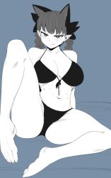 Rule 34 | 1girl, animal ears, bare shoulders, barefoot, bikini, breasts, cat ears, closed mouth, extra ears, fang, full body, half-closed eyes, kaenbyou rin, knee up, large breasts, looking at viewer, mizuga, monochrome, navel, pointy ears, sitting, skin fang, solo, spread legs, swimsuit, toes, touhou