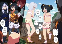 Rule 34 | ..., 2girls, 3boys, angry, armpits, ass, back, before and after, belt, black hair, bloomers, blush, boots, bra, character request, collarbone, comic, covering privates, day, defeat, embarrassed, english text, euf-dreamer, expressionless, eyelashes, fang, female focus, flat chest, food print, from behind, full body, grey eyes, hair between eyes, hair ornament, hand on own hip, height difference, highres, hood, humiliation, humor, instrument, legs, long hair, looking at another, looking at viewer, looking to the side, mandolin, midriff, multiple belts, multiple boys, multiple girls, nature, neck, open mouth, original, outdoors, panties, parted bangs, parted lips, print bloomers, print bra, print panties, profile, red eyes, shiny skin, shoulder blades, sidelocks, sky, smile, smug, socks, speech bubble, standing, talking, thighs, training bra, turning head, twintails, underwear, underwear only, unworn clothes, v-shaped eyebrows, wavy mouth, white bloomers, white bra, white hair, yellow panties