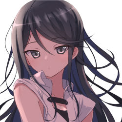 Rule 34 | 1girl, armpit crease, arms at sides, backlighting, bare arms, black hair, close-up, closed mouth, collarbone, collared shirt, dot nose, expressionless, eyelashes, hair behind ear, hair strand, high collar, hoshino ichika (project sekai), leo/need (project sekai), light blush, long eyelashes, long hair, looking away, pochita (pochitaiko), project sekai, shirt, short sleeves, simple background, solo, swept bangs, tsurime, upper body, white background, white shirt
