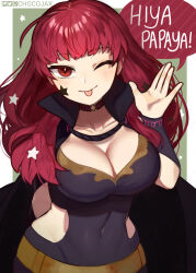 Rule 34 | 1girl, black cape, bodysuit, breasts, cape, chocojax, cleavage, clothing cutout, covered navel, facial mark, fire emblem, fire emblem engage, hair ornament, highres, large breasts, long hair, looking at viewer, navel, nintendo, red eyes, red hair, side cutout, smile, solo, star (symbol), star facial mark, star hair ornament, tongue, tongue out, white background, yunaka (fire emblem)