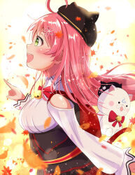 Rule 34 | 1girl, 35p (sakura miko), absurdres, ahoge, autumn leaves, bell, beret, black headwear, blush, bow, bowtie, collared shirt, frilled sleeves, frills, green eyes, hat, highres, hololive, jingle bell, long hair, long sleeves, neck bell, official alternate costume, okahara (sgvz3735), open mouth, red bow, red bowtie, sakura miko, sakura miko (casual), shirt, smile, virtual youtuber, white shirt