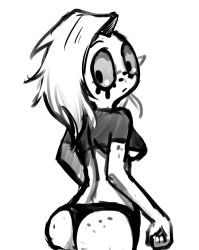 Rule 34 | 1girl, ass, black panties, breasts, closed mouth, crop top, freckles, looking back, lord dominator, panties, side cut, simple background, solo, underwear, wander over yonder, white background, white hair