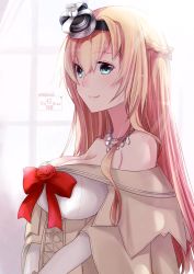 Rule 34 | 1girl, black hairband, blonde hair, blue eyes, braid, crown, dress, flower, french braid, hairband, highres, kantai collection, kimura shiki, long hair, long sleeves, mini crown, off-shoulder dress, off shoulder, one-hour drawing challenge, red flower, red ribbon, red rose, ribbon, rose, smile, solo, upper body, warspite (kancolle), white dress