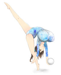 Rule 34 | 1girl, athletic leotard, breasts, brown hair, covered erect nipples, gigantic breasts, gymnastics, highres, huge breasts, leotard, nehani (tworship), ponytail, red eyes, rhythmic gymnastics, simple background, solo, tight clothes, tworship