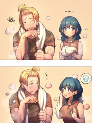 Rule 34 | 1boy, 1girl, 2koma, ^^^, alternate costume, alternate hairstyle, blonde hair, blue eyes, blue hair, blush, breasts, brown background, byleth (female) (fire emblem), byleth (fire emblem), closed eyes, comic, cup, dimitri alexandre blaiddyd, fire emblem, fire emblem: three houses, highres, large breasts, looking at another, medium hair, moyashi mou2, nintendo, open mouth, shirt, short hair, short sleeves, simple background, sleeveless, sleeveless shirt, spoken object, squiggle, steam, sweat, topknot, towel, upper body, water, waving, wiping sweat