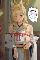 Rule 34 | 1girl, animal ears, areola slip, asymmetrical bangs, blonde hair, blue archive, blush, breasts, detached sleeves, doodle sensei (blue archive), fox ears, hair over one eye, halo, highres, indoors, japanese clothes, kaho (blue archive), kimono, large breasts, looking at viewer, mole, mole under mouth, nhaliz, paid reward available, pov, rope, sensei (blue archive), shimenawa, sideboob, sideless outfit, smile, solo, spoken expression, sweat, white kimono