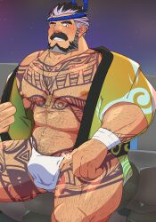 Rule 34 | 1boy, absurdres, arm hair, ass hair, back hair, bara, bare pectorals, beard, bulge, chest hair, come hither, crave saga, facial hair, feet out of frame, full beard, fundoshi, gradient hair, hairy, hand hair, hat set, highres, huge pectorals, japanese clothes, looking at viewer, mature male, multicolored hair, muscular, muscular male, mustache, navel, navel hair, nipple hair, nipples, noche (crave saga), official alternate costume, old, old man, pectorals, seductive smile, seldore (crave saga), short hair, smile, solo, stomach, strongman waist, summer festival, thick arm hair, thick beard, thick chest hair, thick eyebrows, thick leg hair, thick mustache, thick navel hair, thick thighs, thighs, two-tone beard, two-tone hair, undressing, very hairy, wrinkled skin