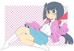 Rule 34 | 1girl, blue hair, blue skirt, blush, bow, child, collared shirt, constanze amalie von braunschbank-albrechtsberger, eyes visible through hair, full body, glasses, green eyes, hair bow, hys-d, little witch academia, long hair, long sleeves, pink sweater, pleated skirt, ponytail, red bow, shirt, shirt tucked in, skirt, sleeves past fingers, sleeves past wrists, socks, solo, sweater, very long hair, white shirt, white socks