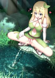 Rule 34 | 1girl, arisu kazumi, arm support, blonde hair, blue eyes, blush, bracelet, breasts, brown footwear, censored, cleavage, creek, dress, elf, forest, gloves, grass, green dress, hair ornament, heart, jewelry, kazumi arisu, lake, large breasts, leaf hair ornament, long hair, looking down, nature, navel, open mouth, outdoors, peeing, pointy ears, pussy, river, rock, sandals, smile, socks, solo, squatting, tree, wall, white gloves, white socks