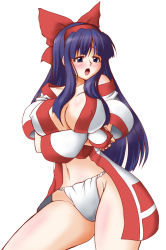 Rule 34 | 1girl, ainu clothes, alternate breast size, artist request, blue hair, blue skirt, blush, breast hold, breasts, cleavage, covered erect nipples, crossed arms, fingerless gloves, fundoshi, gloves, hair ribbon, japanese clothes, large breasts, nakoruru, navel, no bra, open clothes, open mouth, ribbon, samurai spirits, skirt, snk, solo, thick thighs, thighhighs, thighs