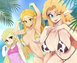 Rule 34 | 3girls, ;p, animal print, annoyed, armpits, arms up, bikini, blonde hair, blue eyes, blush, breasts, cleavage, cow print, elbow gloves, embarrassed, gloves, green eyes, highres, large breasts, long hair, looking at viewer, medium breasts, multiple girls, navel, nintendo, one-piece swimsuit, one eye closed, pink one-piece swimsuit, pointy ears, princess zelda, slingshot swimsuit, slugbox, swimsuit, tears, the legend of zelda, the legend of zelda: a link between worlds, the legend of zelda: breath of the wild, the legend of zelda: the wind waker, tongue, tongue out, toon zelda, triforce, white gloves, wink, yellow one-piece swimsuit, yellow slingshot swimsuit