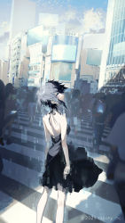 Rule 34 | 1girl, arms at sides, backless outfit, black dress, black hair, blue eyes, cellphone, city, commentary request, copyright request, crosswalk, crowd, dress, glitch, grey hair, haizome senri, highres, looking at viewer, looking back, multicolored eyes, multicolored hair, official art, orange eyes, original, people, phone, short hair, slit pupils, smartphone, static, two-tone hair